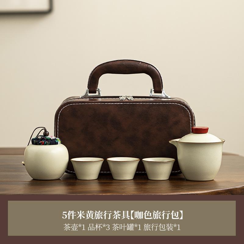 Ru kiln travel tea set, one pot and three cups of outdoor ceramic express cup set, gifts can be printed light luxury and retro.