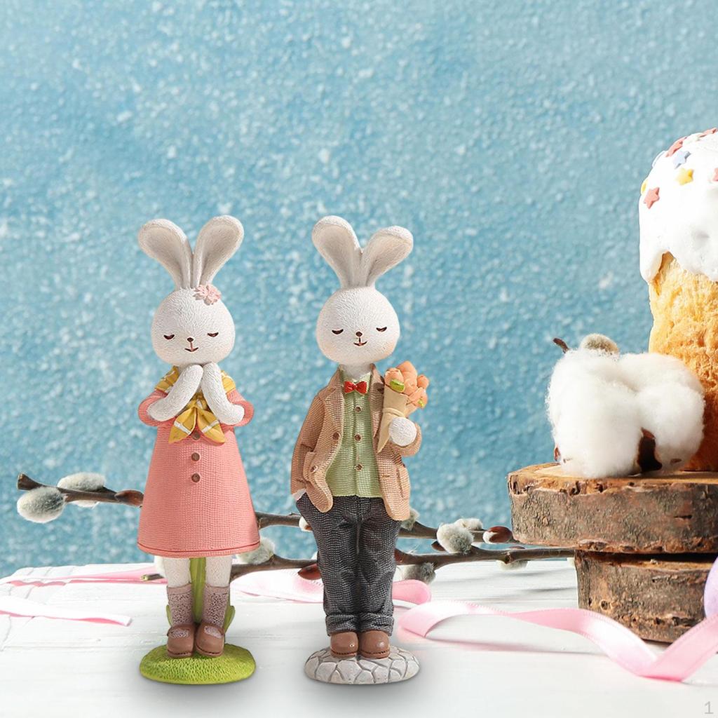 2 Pieces Easter Couple Bunny Figurines Ornament Decor Resin Rabbit Statue