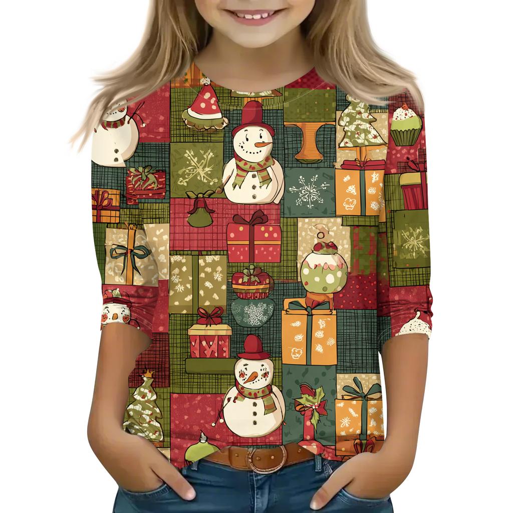 Children's 3/4 Sleeve Round Neck Top Christmas Tree Printed Everyday Casual Top