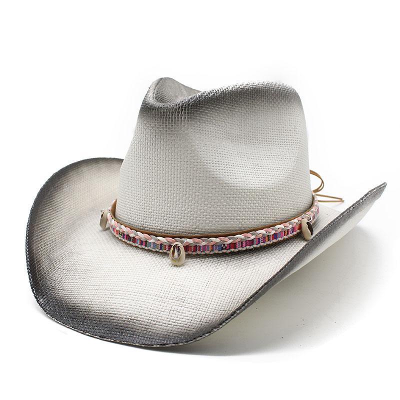 Соломенная шляпа из плетеной джинсовой ткани с широкими полями, летняя соломенная шляпа с полыми полями, этническая соломенная шляпа с закругленными полями и узором в виде ракушки