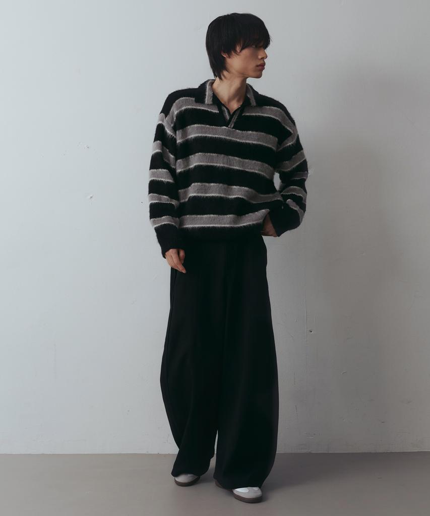 NODU Open Collar Striped Brush Knit [Black]