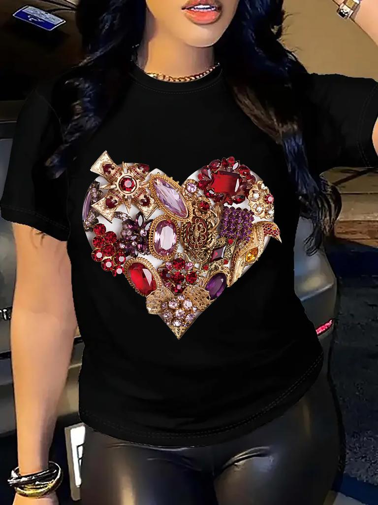 Женская летняя повседневная футболка европейского размера с дизайном в виде сердца из страз, полиэстер, круглый вырез, дышащая трикотажная ткань