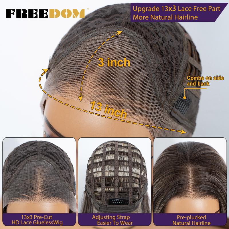 FREEDOM Layered Wigs Synthetic Lace Front Wigs For Women Straight Bob 13X3 Pre Plucked Ombre Brown Blonde Free Part Lace Wig