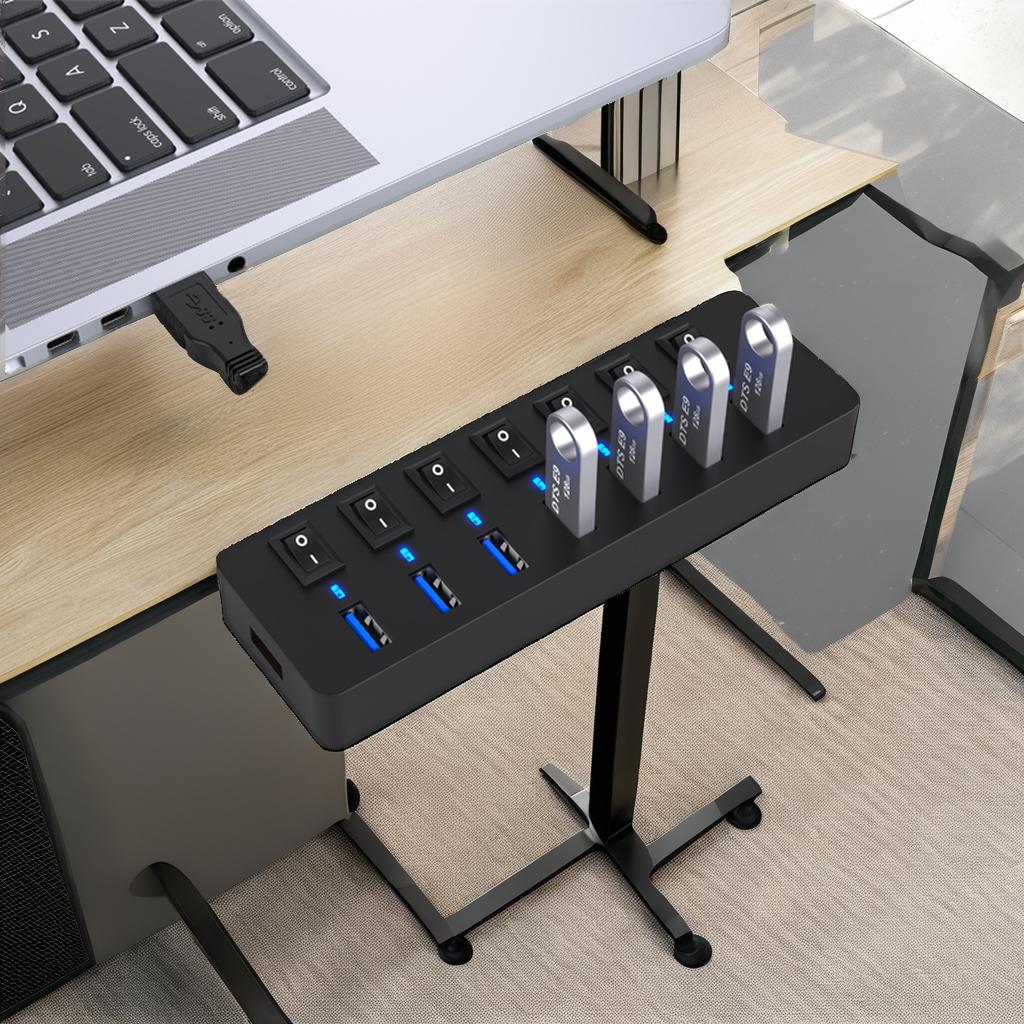 USB Hub 3.0 5Gbps Data Transfer 7 Ports 12W Charging 5V/3A Power Adapter 4Ft Long Cable Individual Switches in Stock