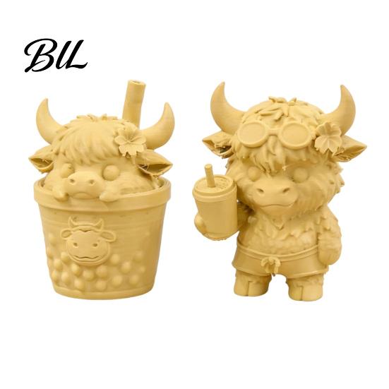 Home Office Table Decoration 2Pcs Cute Highland Cow Figurine, 3D Printed Bubble Tea Statues, Fun Desk Accessory Summer Farmhouse Style Desktop