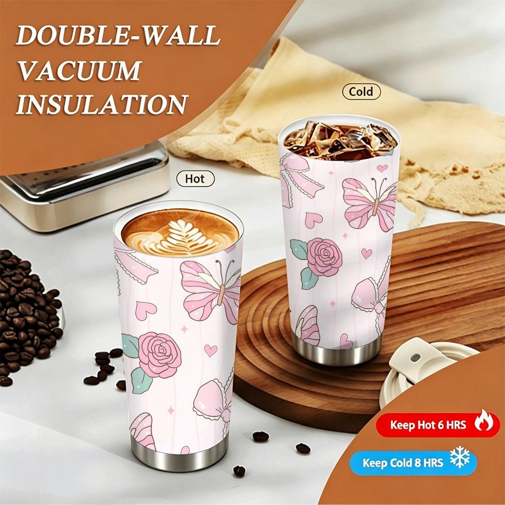 Cute Pink Butterfly Bow Rose Pattern Insulated Coffee Tumbler Reusable Vacuum Thermal Cup Portable Stainless Steel Mug for Office Travel Gift