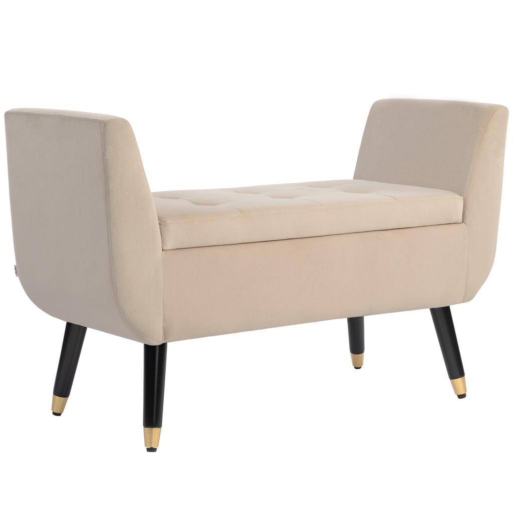 Upholstered Bench with Storage, Armrests, Velvet-Like Polyester, Rubberwood, 107 x 42 x 65 cm, Beige