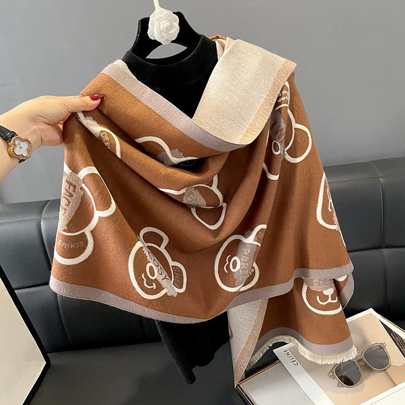 Autumn and Winter Imitation Cashmere Warm Thickened Scarf Bear Pattern Frame Short Beard Scarf Shawl Dual-purpose