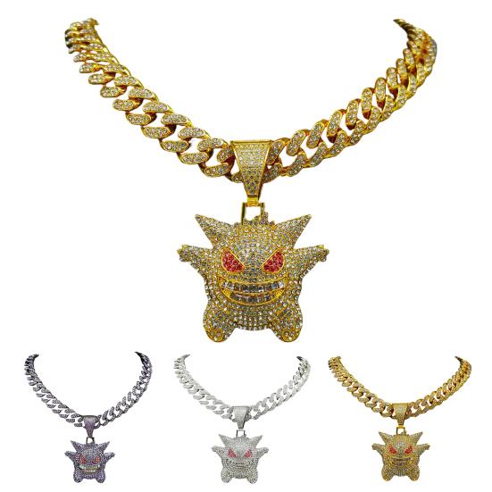 Кубинское ожерелье с мультяшным кулоном, блестящие стразы, инкрустация, фиолетовый, золотой, серебряный цвет, сплав, мужское и женское ожерелье, модные аксессуары, подарок