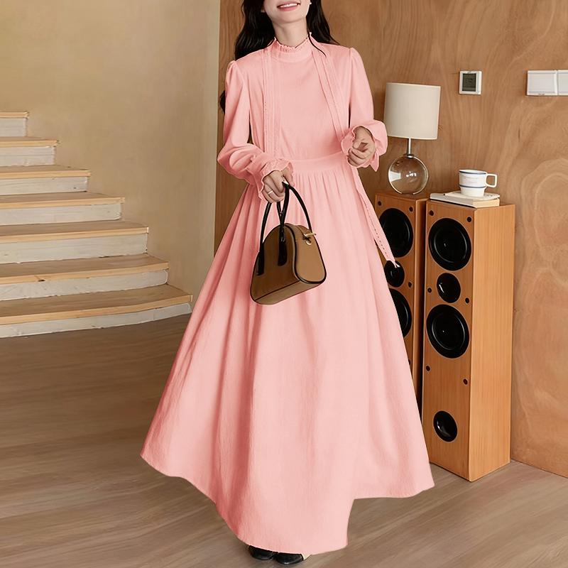 ZANZEA Женское повседневное длинное платье с воротником-стойкой, длинным рукавом, свободного кроя, с кружевной вставкой