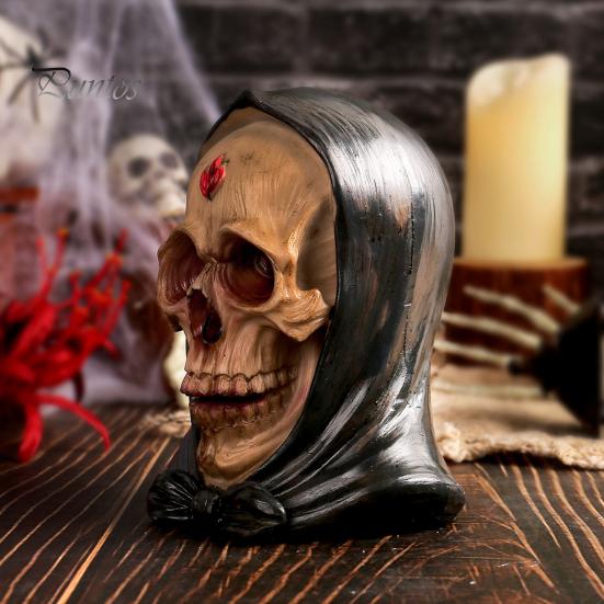 Реалистичная модель человеческого черепа, ретро-статуя из смолы с капюшоном, жуткая статуэтка для домашнего рабочего стола на Хэллоуин