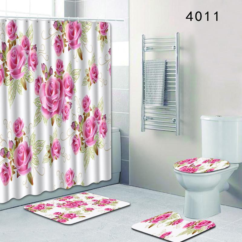 Painted Flowers Bathroom Shower Curtain Floor Mat Toilet Cover Foot Mat Four-Piece Pattern Size Fixed Zhi