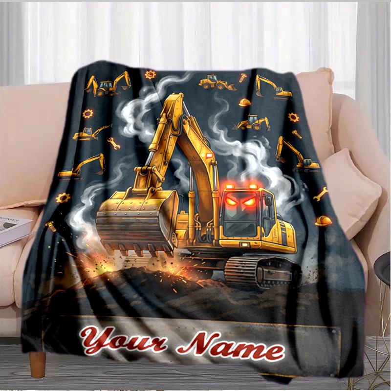 1PC Custom Name "Golden Excavator Adventure" flannel blanket versatile,all-season throw suitable for the living room,bedroom,camping,travel,and gift
