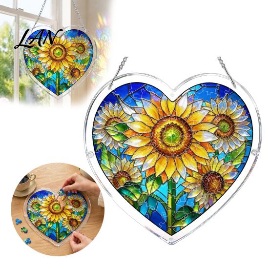 Colorful Pattern Wall Hanging Acrylic Puzzle Suncatcher, Window Pendant, Heart Shape Stained Glass Realistic Effect Style Sun Catcher Decoration,