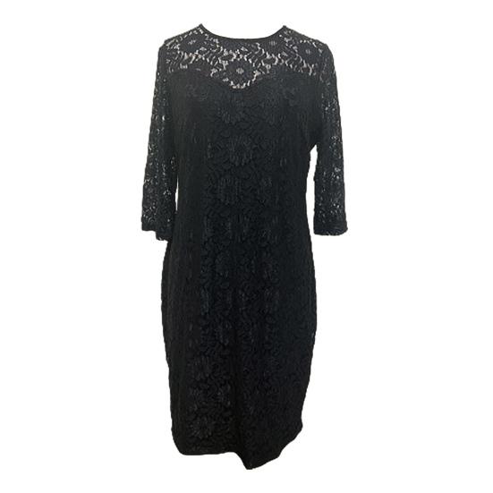 Women Prom Dress See-through Cutout Lace Flower Embroidery Three Quarter Sleeve Sheath Patchwork Slim Fit Plus Size Knee Length Midi Dress