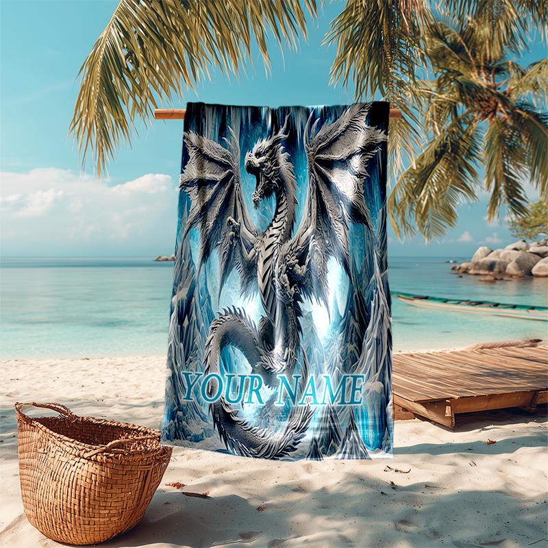1PC Custom Name Frosty Dragon's Majesty Beach Towel Highly Absorbent And Sand-Resistant Towel for Swimming, Pool, Yoga, And Travel Lightweight
