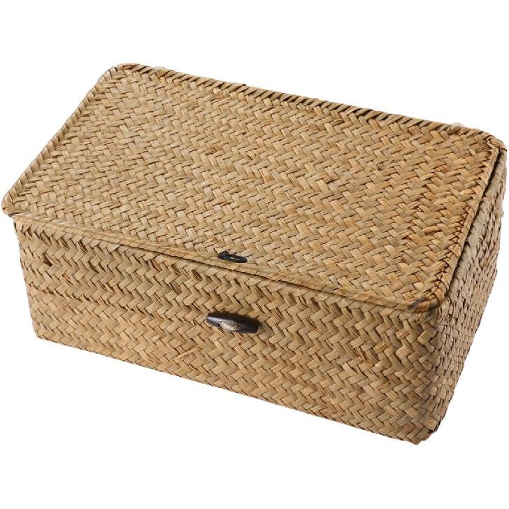 IMIKEYA Woven Storage Box Wicker Storage Bins with Lid Seagrass Basket Desktop Hand- Woven Box for Home Office Shelf Organizer