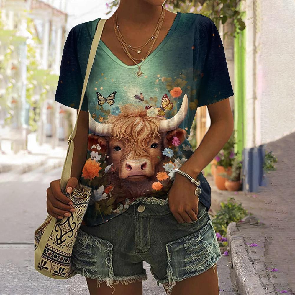 Женская футболка с изображением животных, летняя повседневная футболка с короткими рукавами, милый топ с принтом теленка, уличная мода с 3d принтом, женская одежда в стиле Харадзюку с v-образным вырезом