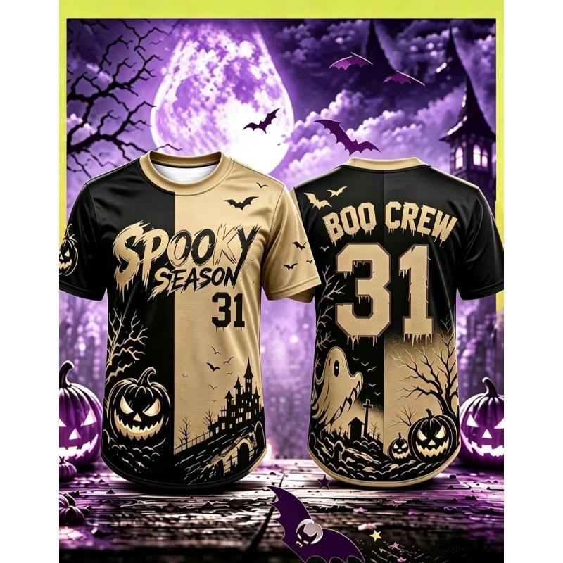2026 Red Black Split Halloween 3D Printed Jersey Spooky Season Boo‑Crew Pumpkin Ghost Bat Gothic Fall Party Sports Tees