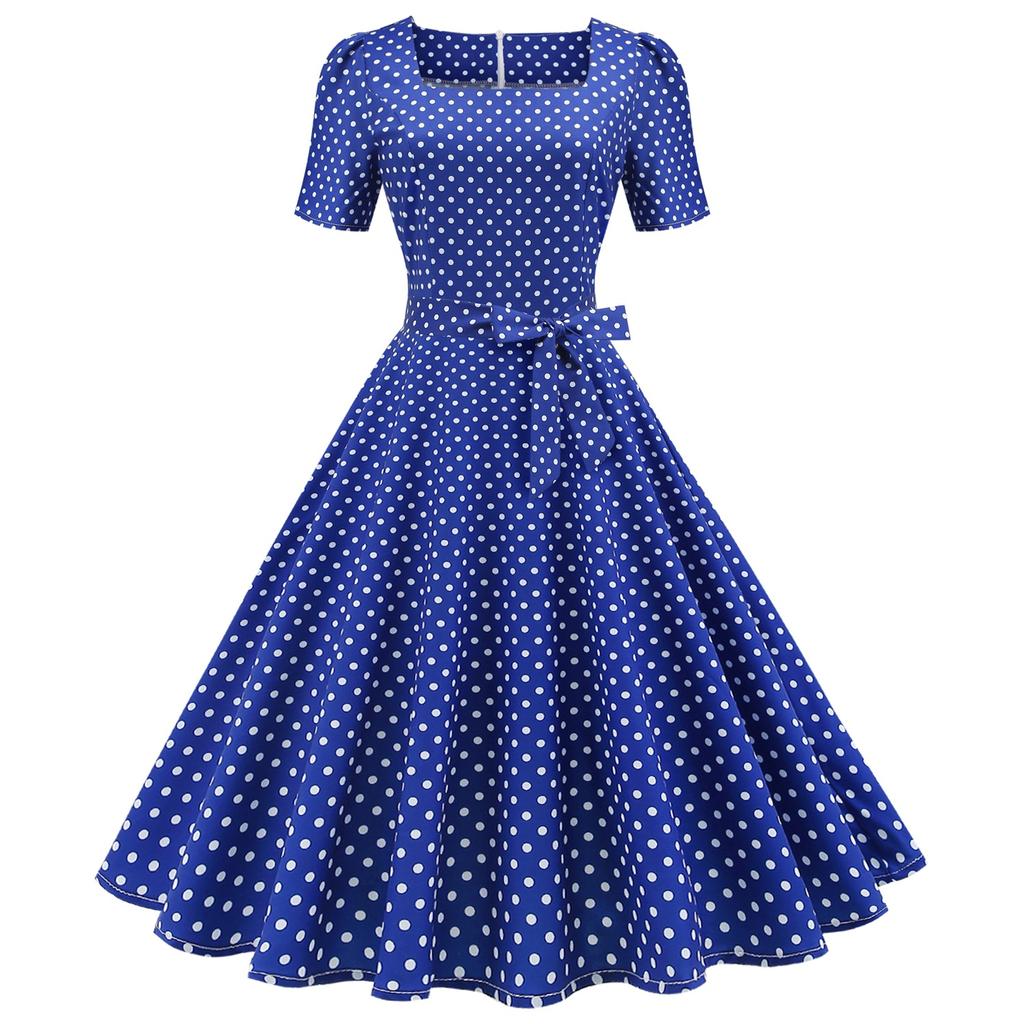 Retro Women's Square Neck Short Sleeve Polka Dot Print Lace Up Waist Big Swing Dress