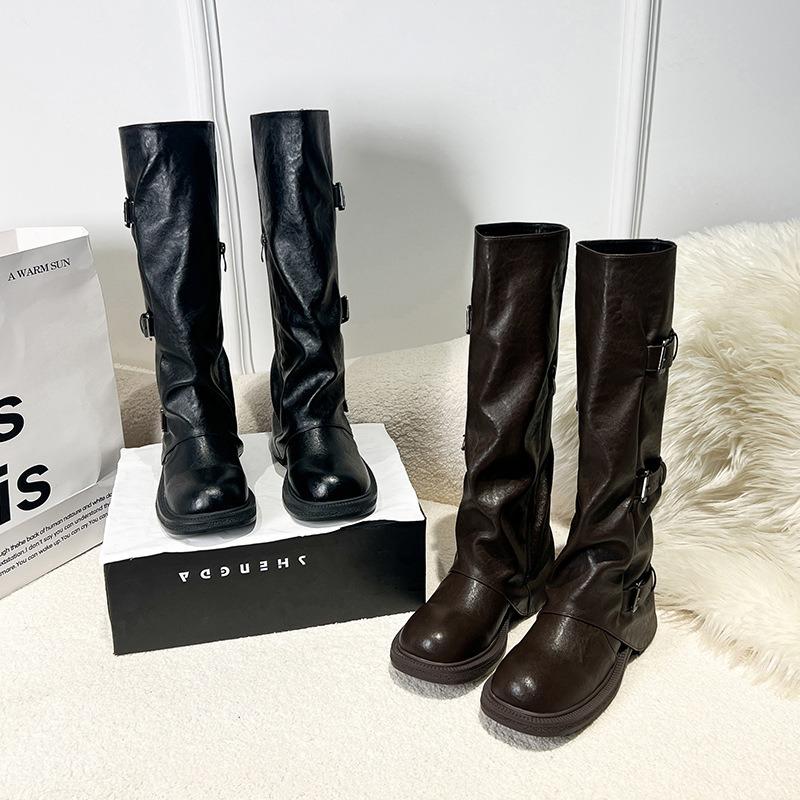, the Leg Essence Plays the Role of Height Increase Cm Belt Buckle Square Round Head Pleated Medium Tube Knight Boots