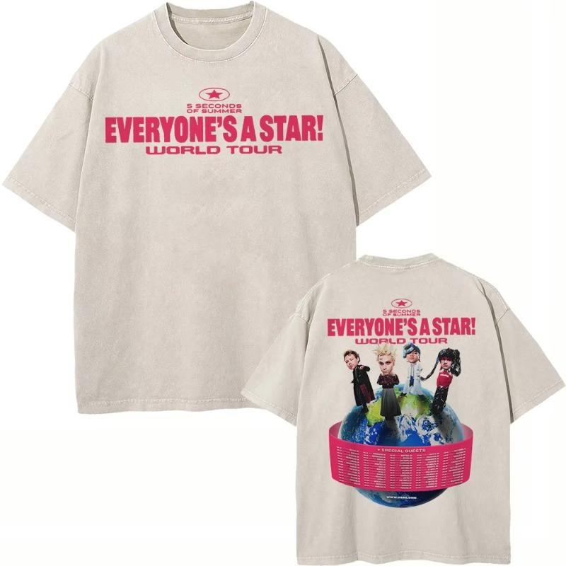 100% Хлопок Винтажная Стирка 5 Seconds of Summer Everyone’s A Star Мировой Тур 2026 Футболка Мужская/Женская Оверсайз Свободная Кислотная Стирка Футболки