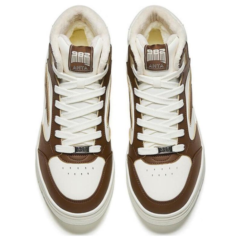 Anta 982 men high-top skate shoes brown white fleece-lined warm comfortable stylish durable 112448961-4