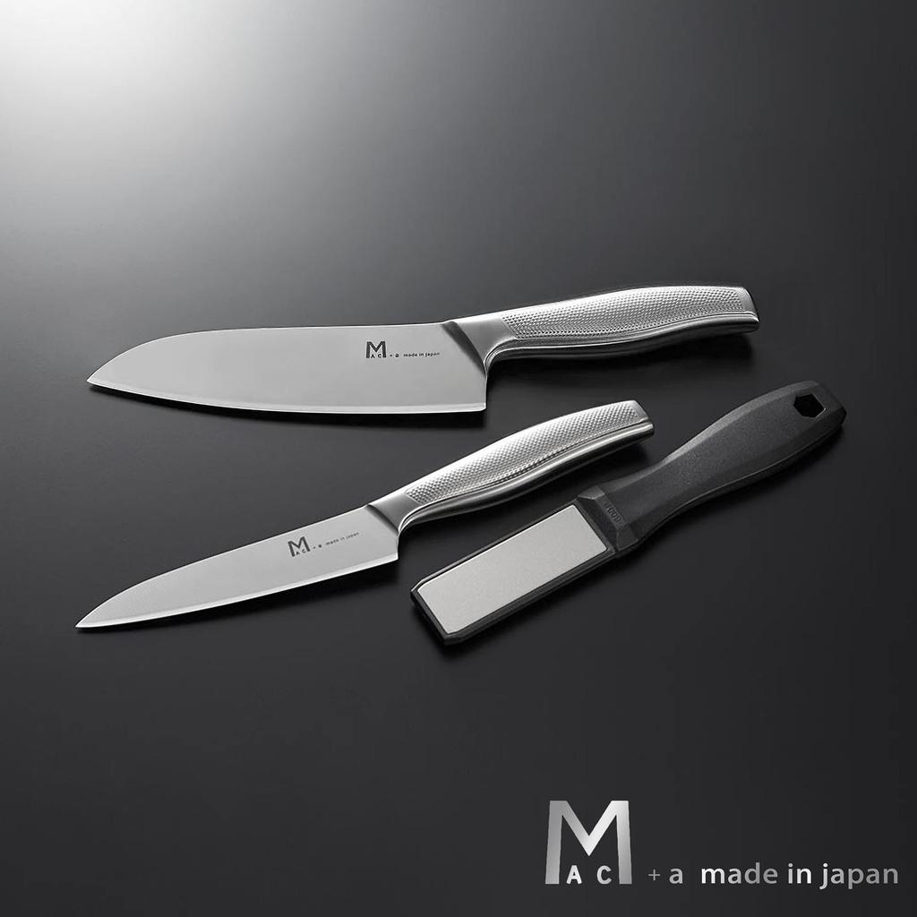 Stainless Steel Knife Set Petty with Diamond Sharpener 3 Pieces Made in Japan MAC+a (Santoku & Knife) - -