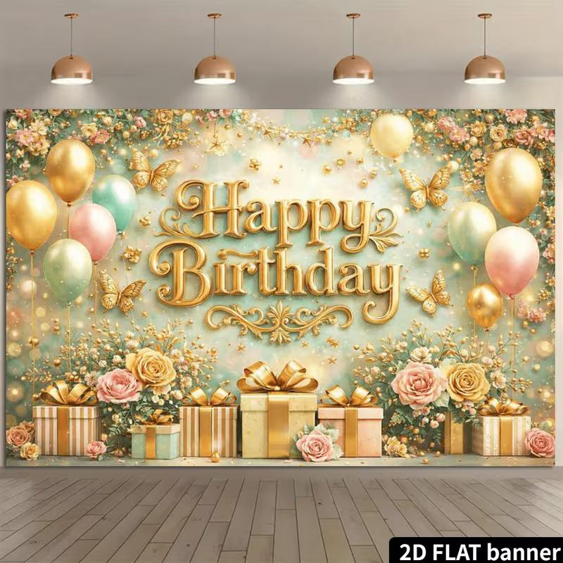 2D Gold Butterfly Floral Happy Birthday Backdrop Banner Photo Booth Background