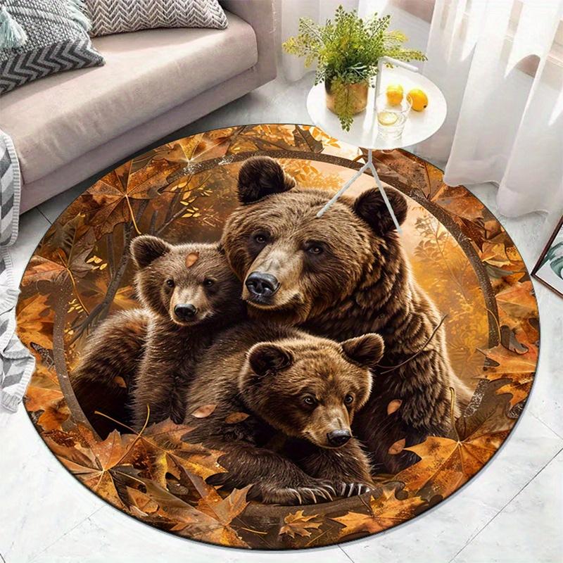 Семья бурых медведей Осенние листья Круглый ковер Дикая природа Природа Животное Искусство Осенний декор Коврик для пола в спальне