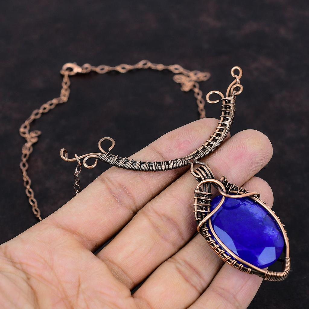 Ожерелье с драгоценным камнем из граненого синего сапфира, ожерелье из медной проволоки, регулируемое ожерелье, ожерелье ручной работы, ювелирное изделие из медной проволоки, подарок для нее