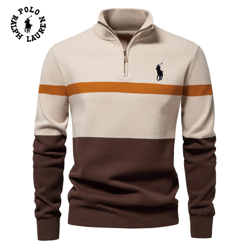 Мужской вязаный свитер Ralph Lauren с вышивкой, новый, большой, с воротником-стойкой, на молнии-половине, в стиле колор-блок