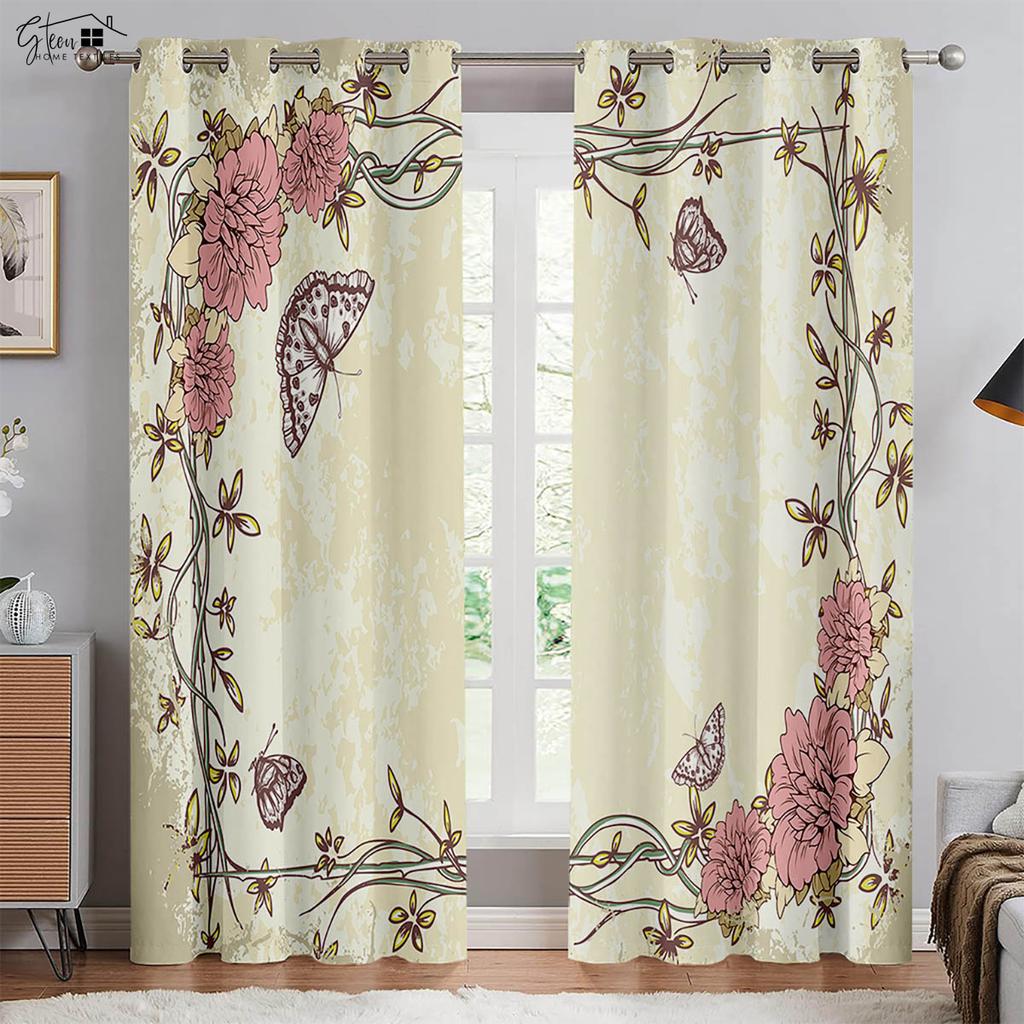 Retro Pastoral Butterfly Flower 3D Printing Curtains Beautiful And Fresh Bedroom Living Room Study Polyester Fiber Curtains 2PCS