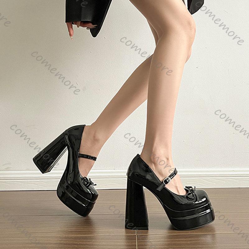 Fashion Comemore Platform Square High Heel Women's Mary Jane Shoes Fashion Butterfly-knot Shoes Spring Autumn Wedding Party Pumps Shoes