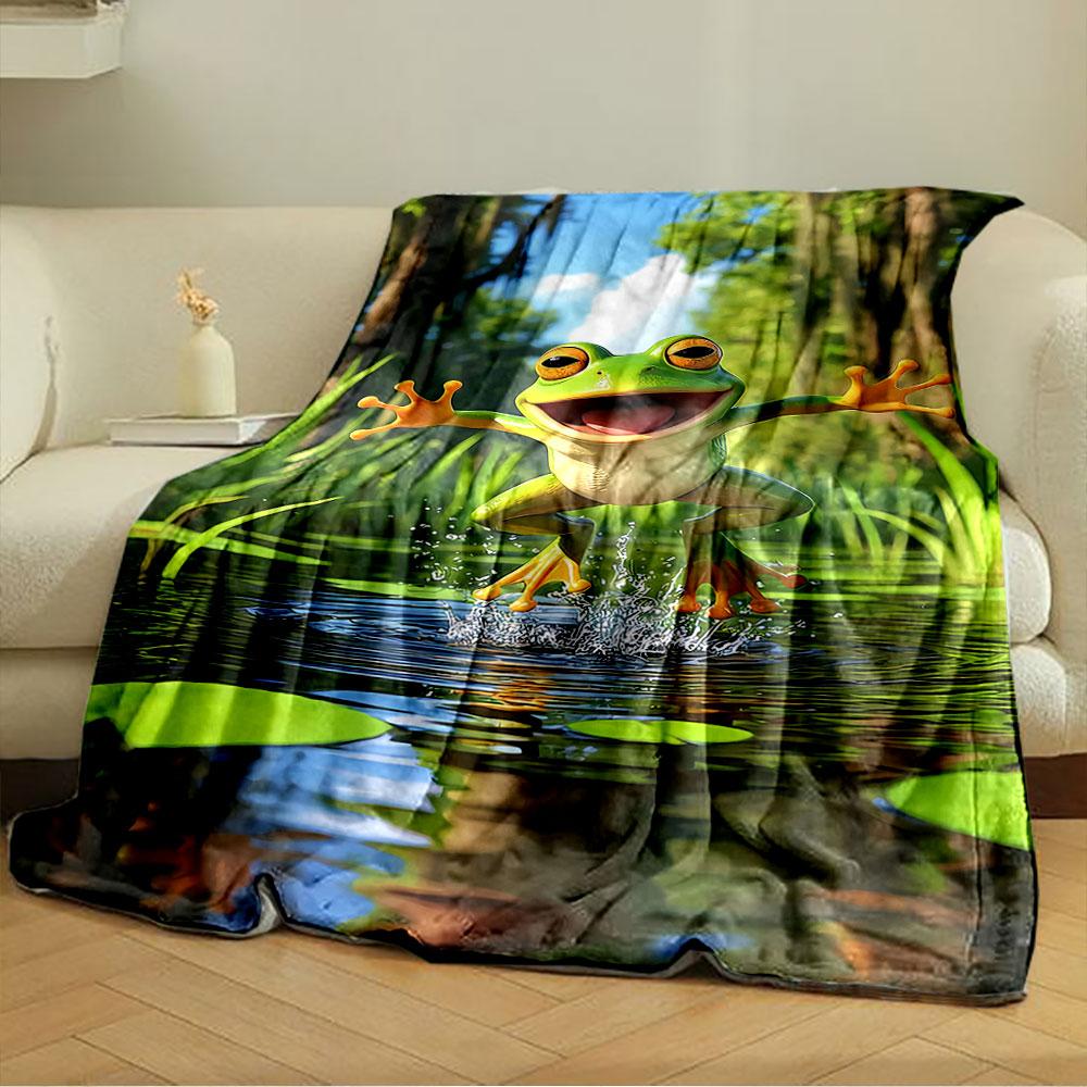 A cheerful frog is leaping energetically from water among lily pads. for all seasons blanket lunch break throw gift