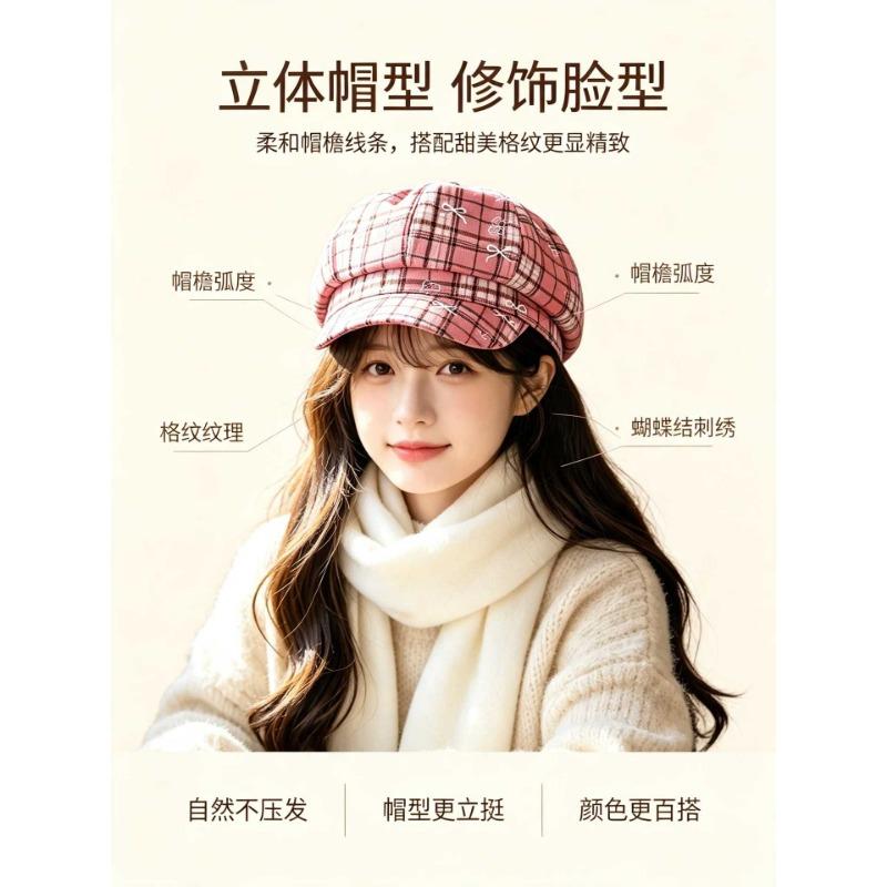 Women S Plaid Sweet Cute Versatile Octagonal Hat For Autumn Winter