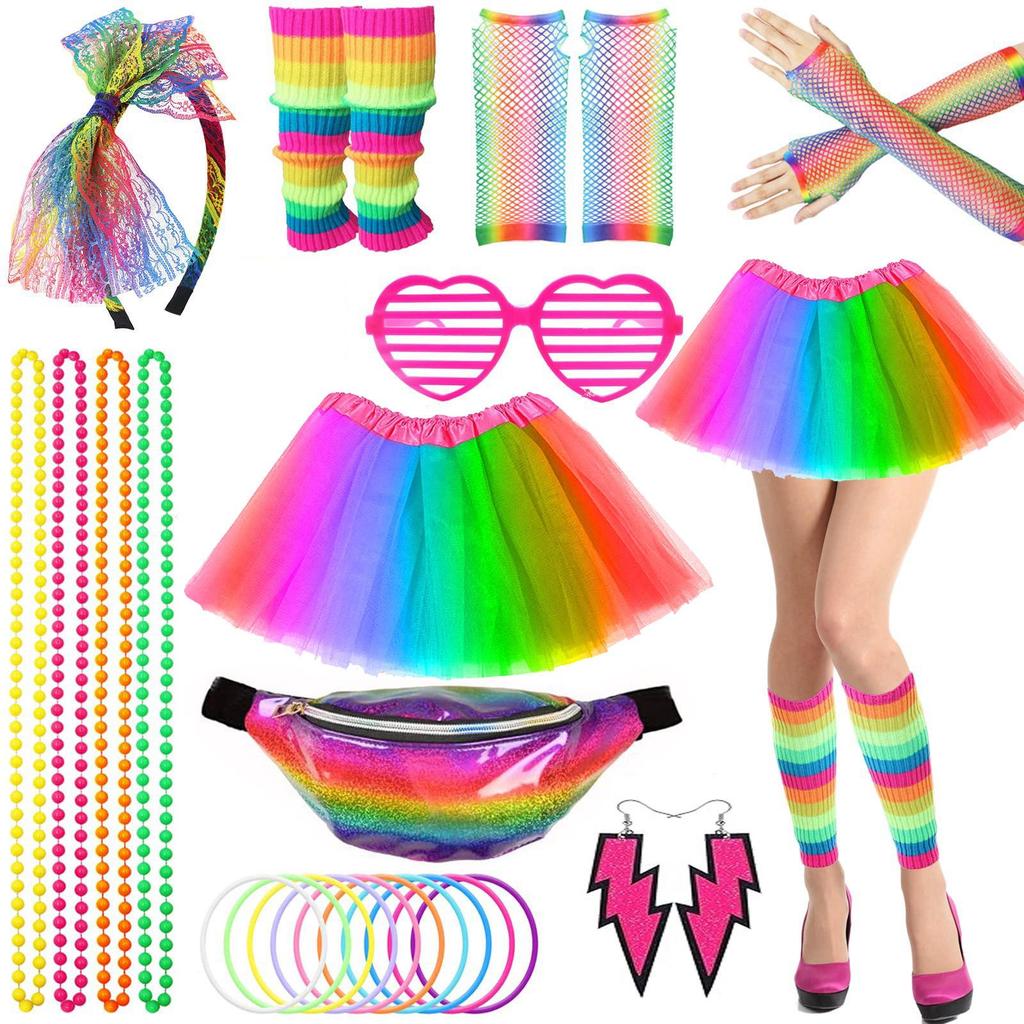 1980s Neon Prom Set: Headband, Earrings, Fishnet Gloves, Leg Warmers, Tutu Skirt