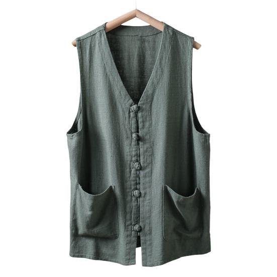 Мужской летний жилет однобортный в ретро-китайском стиле с завязками на пуговицах, свободный, без рукавов, с V-образным вырезом, накладными карманами, однотонный повседневный топ