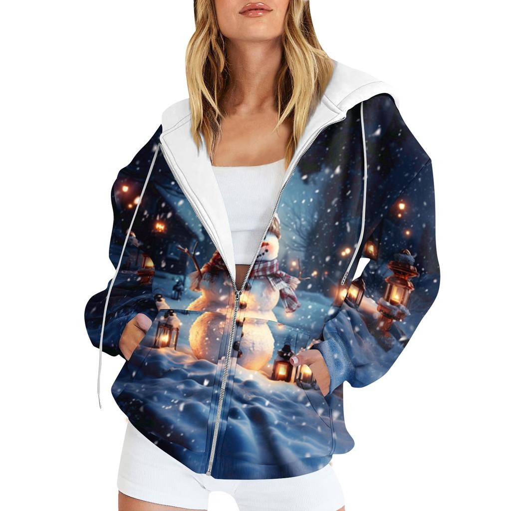 Ladies Fashion Casual Christmas Print Sweatshirt Autumn Winter Long Sleeve Cardigan Jacket With Pocket Zipper Hoodie Jacket