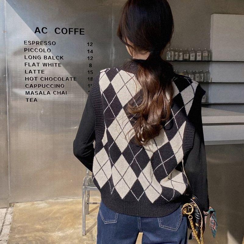 Свитер, женский жилет, лето 2023, корейский вязаный жилет в клетку с бриллиантами, женская верхняя одежда, свободный жилет без рукавов с v-образным вырезом, женский