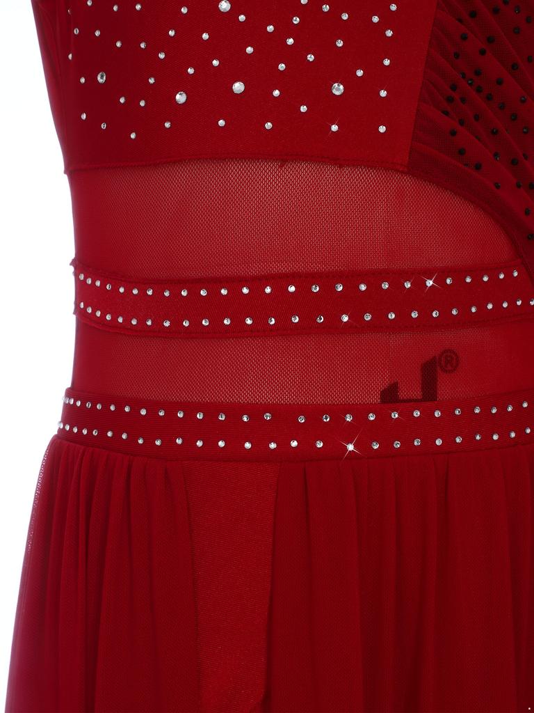 Kids Girls Dance Competition Dress: Color Block Patchwork Side Split Mesh with Shiny Rhinestones & Back Invisible Zipper for Lyrical Performance
