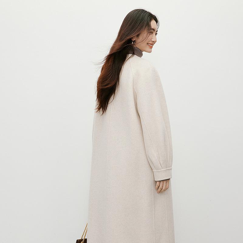 Lantern sleeve round neck medium long double-sided woolen coat