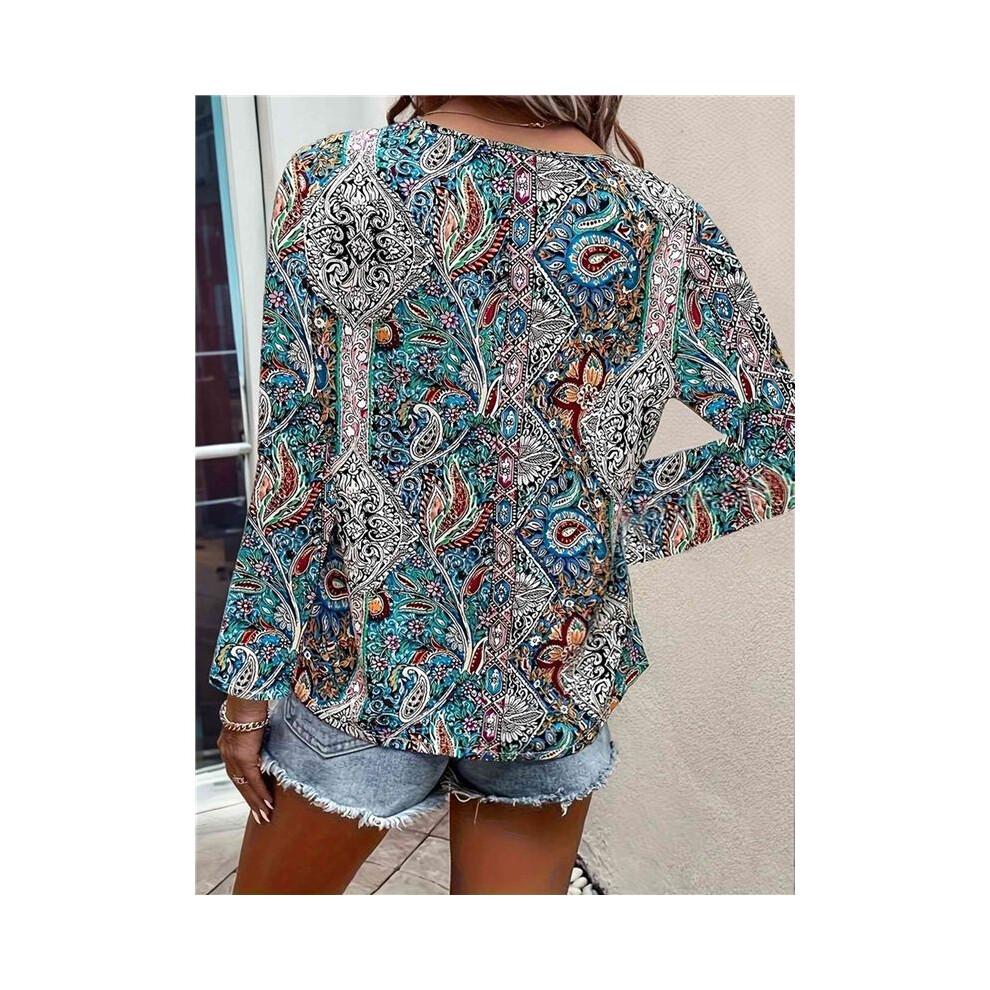 Women'S Bohemian Print V-Neck Long Sleeve Casual Blouses Shirts 1-Mixed Colors XXL
