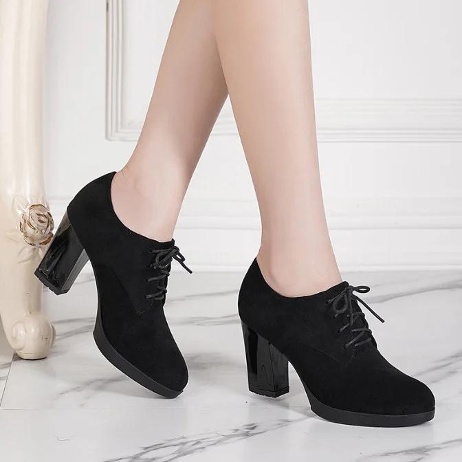 Женские туфли на высоком каблуке, рабочая обувь на платформе, черные, женские, нарядные, весна-осень, круглый носок, толстый каблук, большой размер 43, повседневные туфли-лодочки