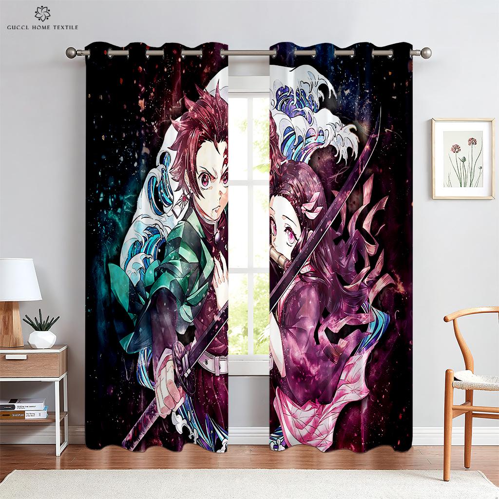 Hot-Blooded Anime Cartoon Printed Curtains, 100% Polyester, Rod Pocket Curtains, Kitchen, Living Room, Children's Room, 2 Pcs