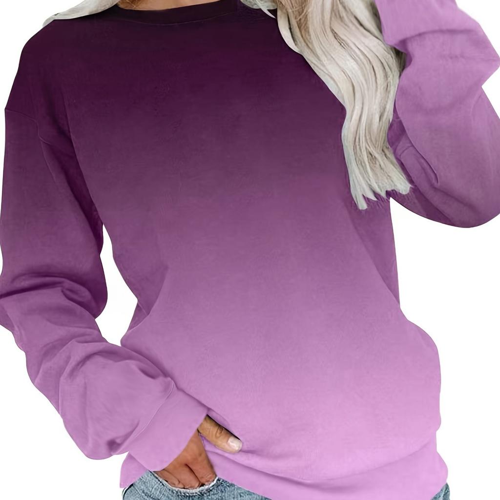 Футболка большого размера, женская, с градиентным принтом, длинным рукавом, круглым вырезом, средней эластичности