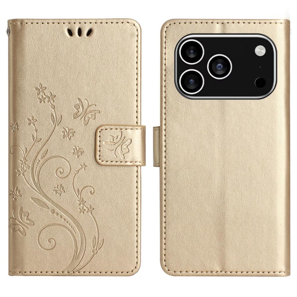 For iPhone 17 Pro Leather Wallet Case Butterfly Flower Imprinted Phone Cover with Strap
