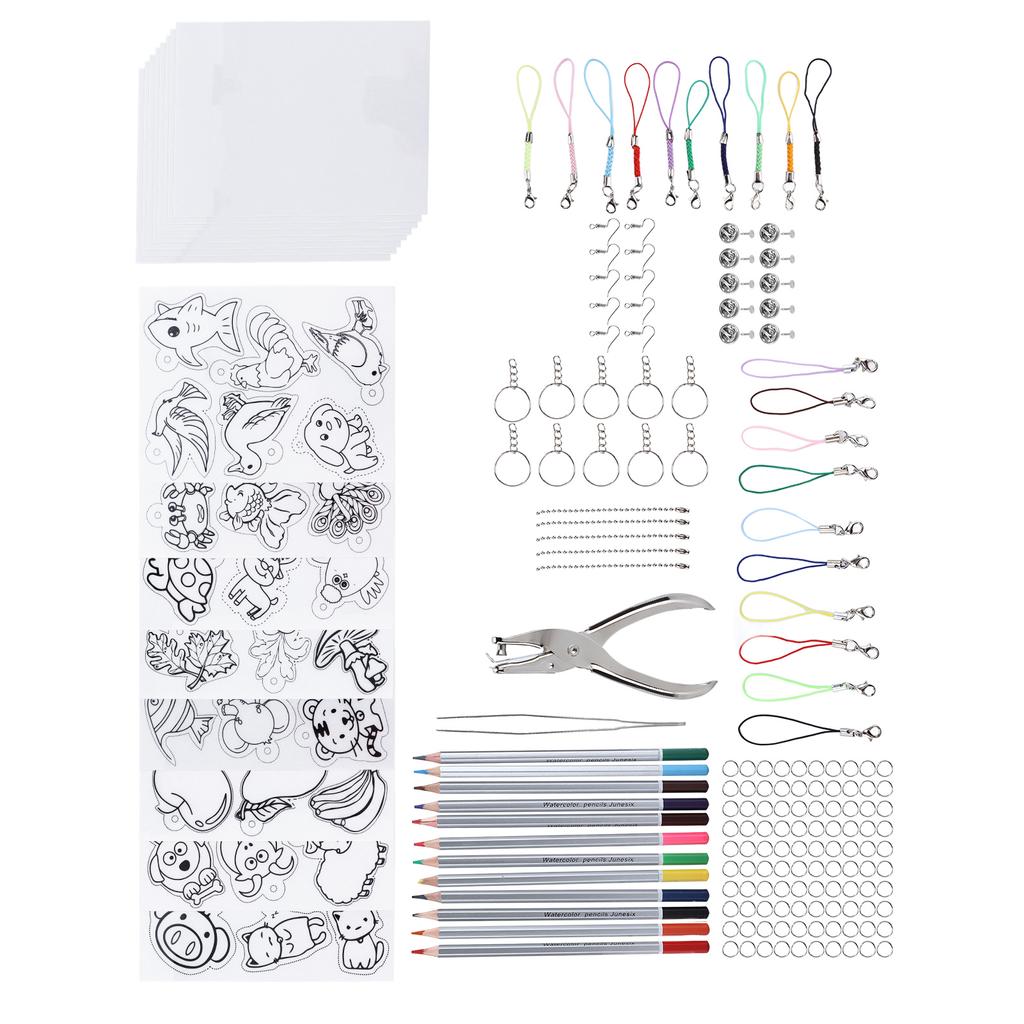 Heat Shrink Sheet Set Complete Shrink Plastic Sheet Kit with Colored Pencils for Key Chains Jewelry Toys Making Gift