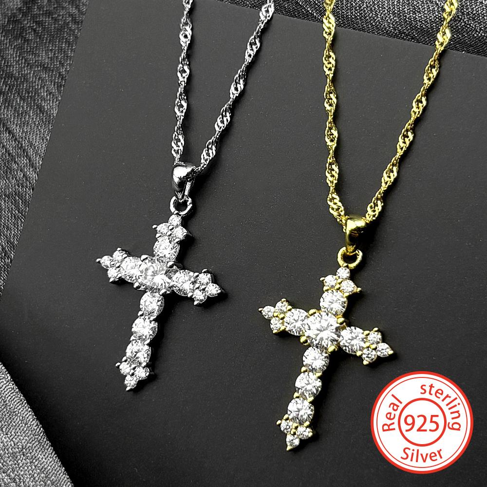 Shiny Hip Hop Zircon Cross Pendant Necklace for Women Stainless Steel Crystal Choker Christian Necklaces Jewelry Cruz Colgante