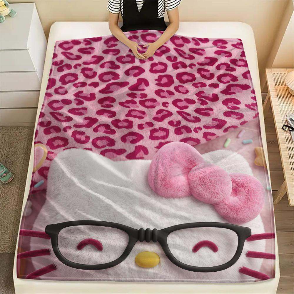 1 шт. Розовое фланелевое одеяло Hello Kitty с принтом, Высококачественное, Для всех сезонов, Декор для дома, Тепло и комфорт, Идеально для рождественских подарков